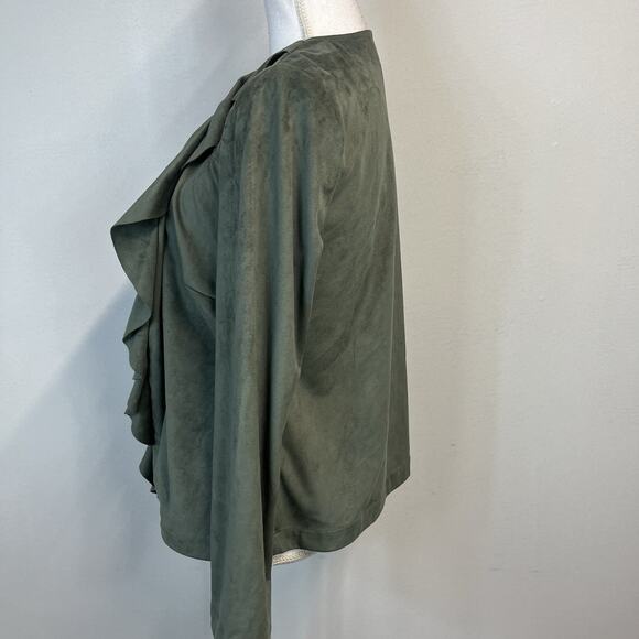 Chico's Waterfall Ruffle Open Front Blazer Jacket size 4 6/0 Olive Green Nubuck - Picture 6 of 8